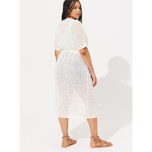 NWT Torrid 3X 4X White Crochet Duster Short Sleeve Tie Waist Sweater Size 22-26 - Picture 4 of 8